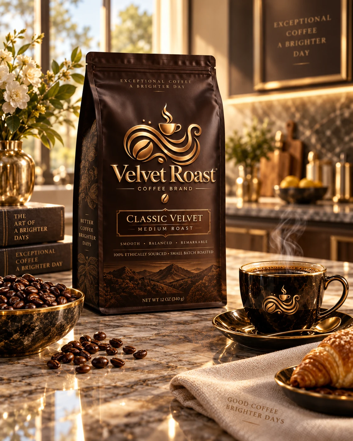 Classic Velvet medium roast coffee bag displayed in an elegant kitchen with a steaming black coffee cup