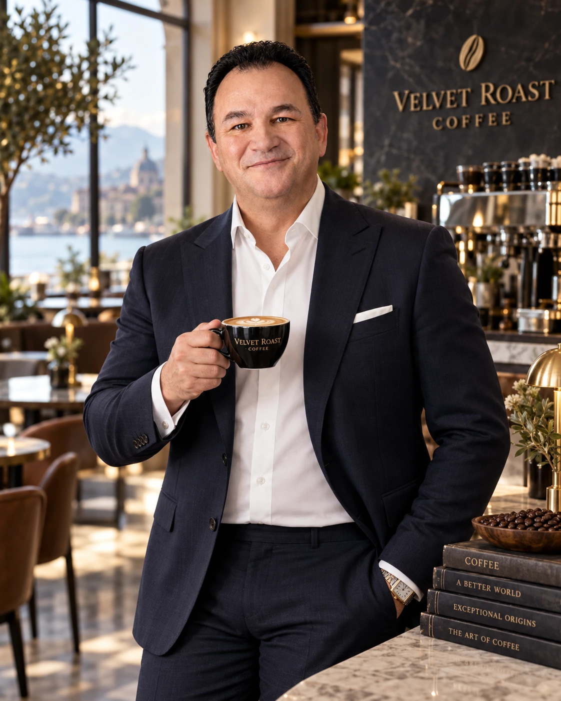 Pat Berry, founder of Velvet Roast Coffee, photographed in a beautiful luxury coffee shop holding a cup of coffee