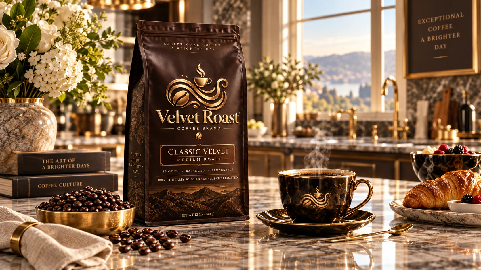 Velvet Roast coffee displayed in a beautiful high-end kitchen with marble, flowers and warm morning light